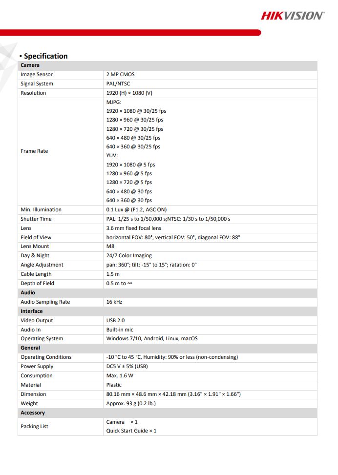 HIKVISION DS-U02P 2MP Web Camera