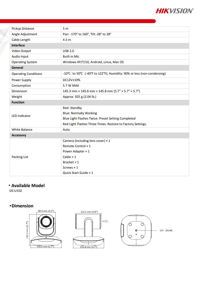 HIKVISION DS-U102 2MP Motorized Varifocal PT Web Camera