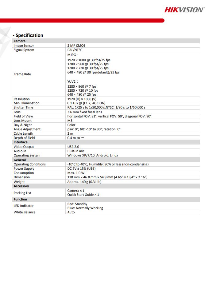 HIKVISION DS-U12 2MP USB Camera