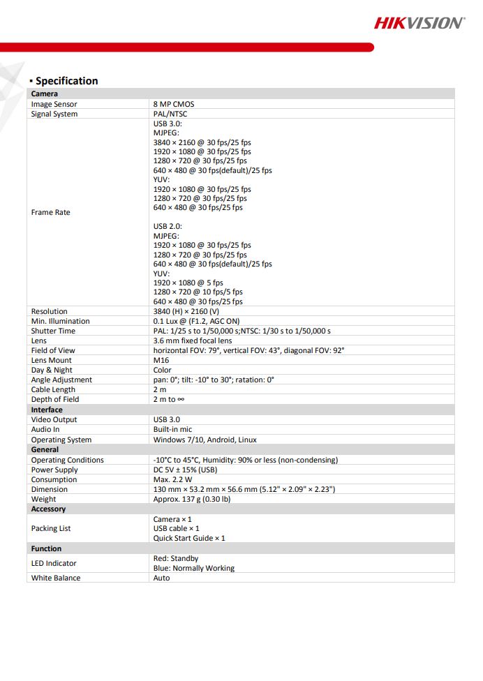 HIKVISION DS-U18 4K USB Camera