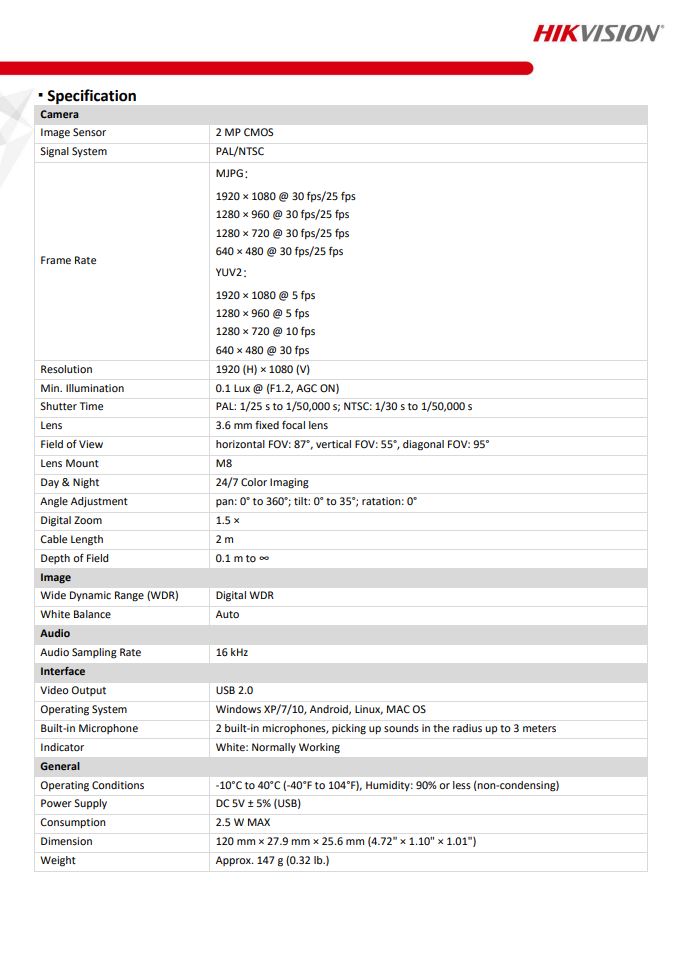 HIKVISION DS-UC2 2MP Web Camera