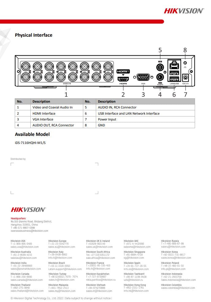 HIKVISION iDS-7116HQHI-M1/S(C) 16-ch 1080p Mini 1U H.265 AcuSense DVR