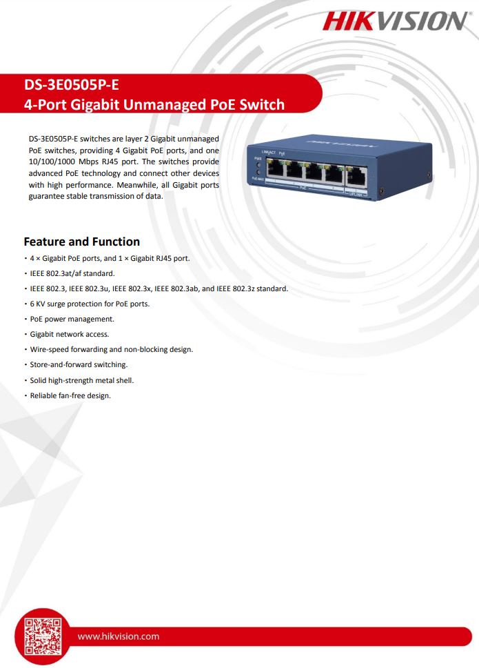 HIVKISION DS-3E0505P-E 4 Port Gigabit Unmanaged PoE Switch