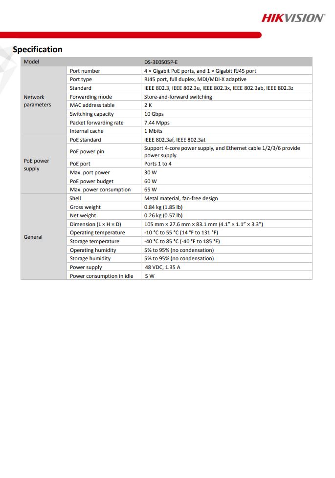 HIVKISION DS-3E0505P-E 4 Port Gigabit Unmanaged PoE Switch