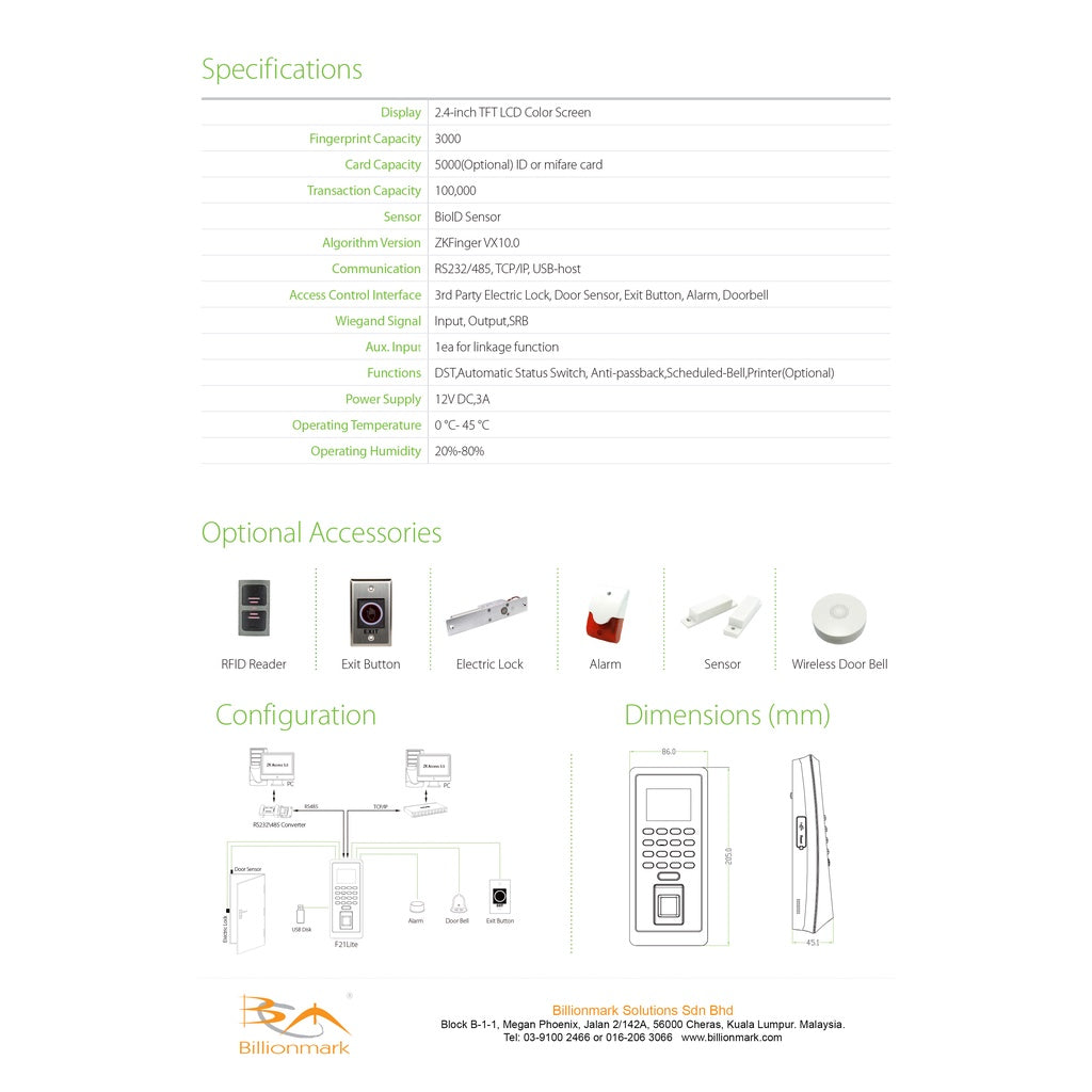 ZKTeco F21 Lite Fingerprint time Attendance and Access Control Terminal