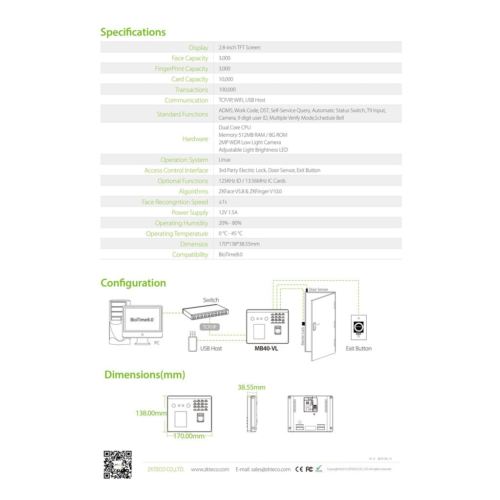 ZKTeco MB40-VL/ID Door Access Hybrid Biometric Time Attendance & Access Control Visible Light Facial Recognition