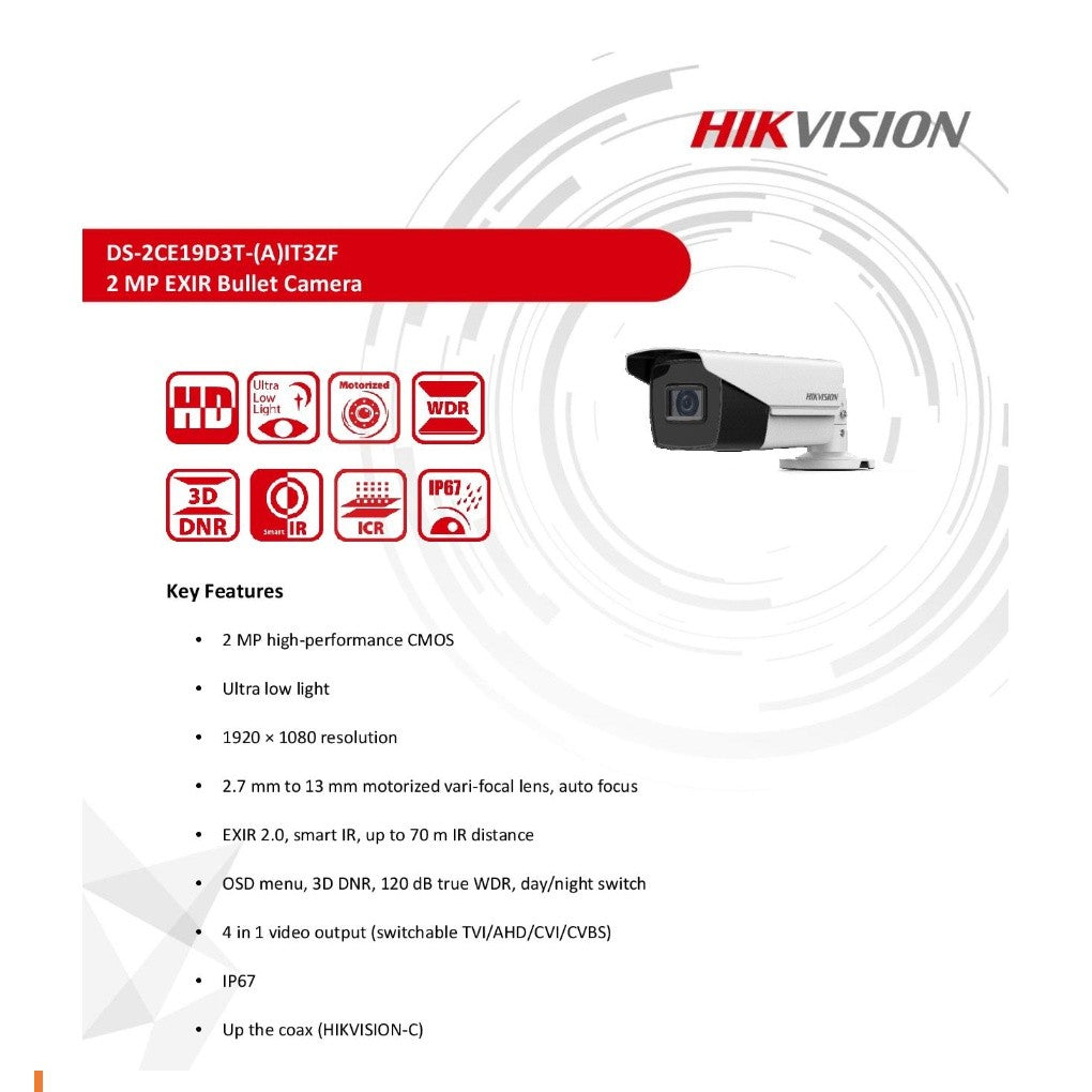 HIKVISION 2MP DS-2CE19D3T-IT3ZF ULTRA LOW LIGHT MOTORIZED VARIFOCAL BULLET CAMERA