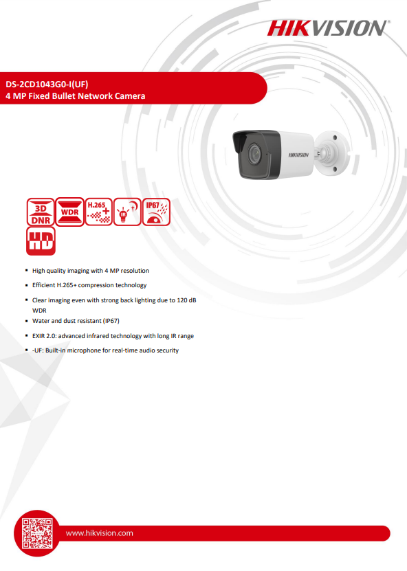 HIKVISION DS-2CD1043G0-I(C) 4MP Fixed Bullet Network Camera